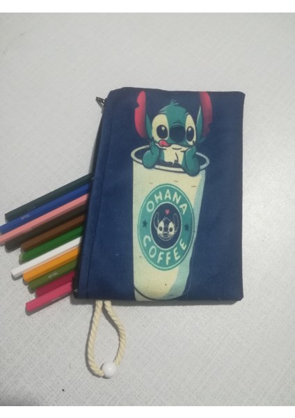 Ohana Coffe Cup Desenli Tasarım Bez Kalemlik-Cüzdan
