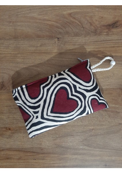 Kırmızı Kalpler Sarmal Motif Desenli Tasarım Bez Kalemlik-Cüzdan