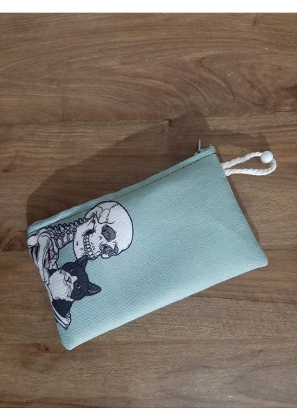 Skull And Cat Love Mavi Fon Tasarım Bez Kalemlik-Cüzdan
