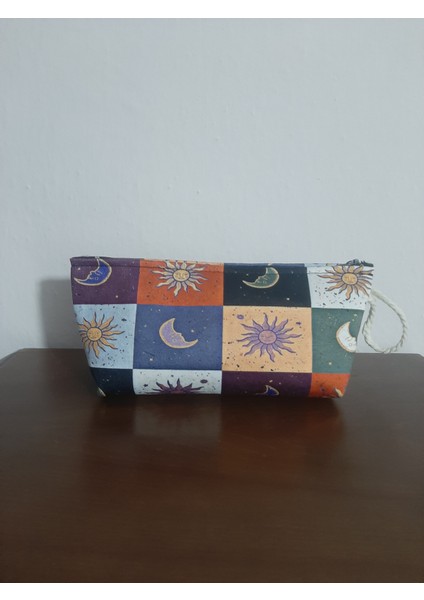 Sun And Moon Motifli Damalı Desenli Tasarım Kalemlik - Makyaj Çantası