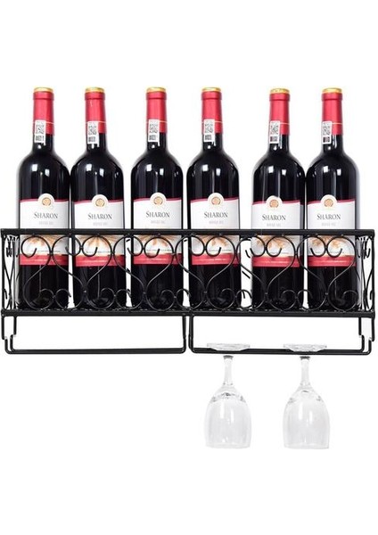 25 * 10 * 17 cm Şarap Rafı Duvara Monte Şarap Şişesi Tutucu 6 Şarap ve Stemware Gözlük Tutar, Mutfak Metal Şarap Depolama Dekor Siyah | Diğer Bar Araçları (Yurt Dışından)