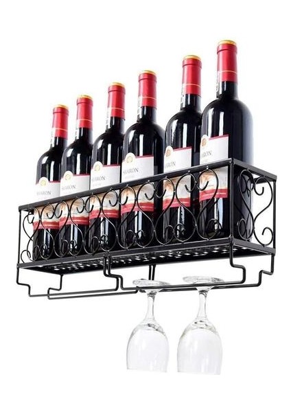 25 * 10 * 17 cm Şarap Rafı Duvara Monte Şarap Şişesi Tutucu 6 Şarap ve Stemware Gözlük Tutar, Mutfak Metal Şarap Depolama Dekor Siyah | Diğer Bar Araçları (Yurt Dışından)