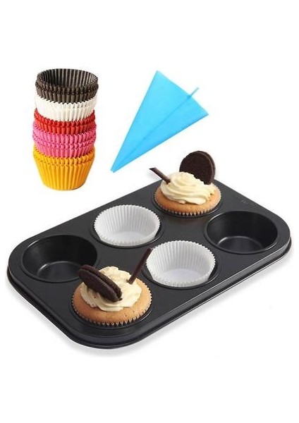 6 Su Bardağı Çörek Tepsisi, 100 Adet Kağıt Cupcake Astar ve 1 Pasta Çantası (Yurt Dışından)