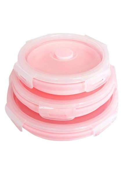 Yuvarlak Bento Kutusu Öğle Yemeği Kutusu Silikon Katlanır Gıda Konteyner Pembe 350/500/800 ml 3 Parça Set (Yurt Dışından)