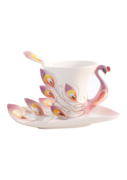 3D Renk Emaye Hayvan Kahve Fincanı Sos ve Kaşık Seti ile Seramik Öğleden Sonra Çay Bardak Porselen Drinkware | Teacups (Mor) (Yurt Dışından)