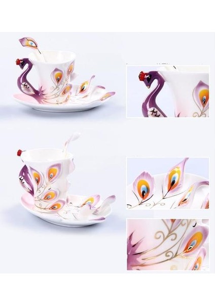 3D Renk Emaye Hayvan Kahve Fincanı Sos ve Kaşık Seti ile Seramik Öğleden Sonra Çay Bardak Porselen Drinkware | Teacups (Mor) (Yurt Dışından)