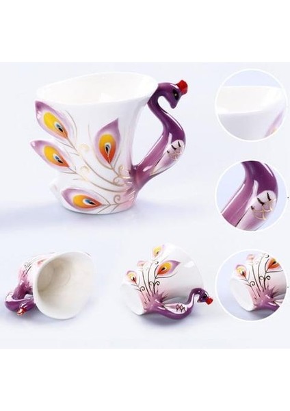 3D Renk Emaye Hayvan Kahve Fincanı Sos ve Kaşık Seti ile Seramik Öğleden Sonra Çay Bardak Porselen Drinkware | Teacups (Mor) (Yurt Dışından)