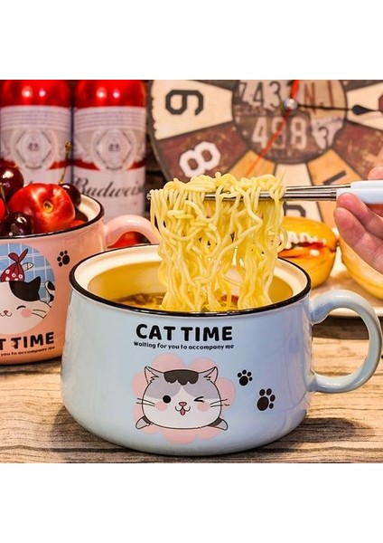 Kedi Noodle Kase Kapak Kupa ile Büyük Kapasiteli Ev Seramik Yurdu Güzel Öğle Yemeği Kutusu 1020 ml Kolu ile Mikrodalga Olabilir | Kaseler (Yurt Dışından)