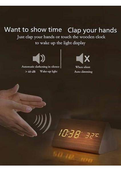 Ahşap Elektronik LED Zaman Göstergesi, 3 Alarm Ayarları, Nem ve Amp; Amp;sıcaklık Algılama (Sarı) (Yurt Dışından)