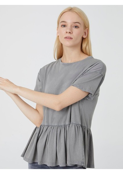 Kadın Soluk Efektli Fırfırlı Koyu Grı T-shırt fiyatları