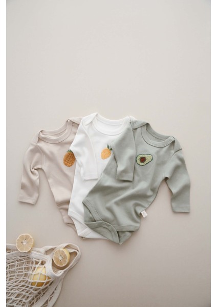 3'lü Nakışlı Çıt Çıtlı Uzun Kollu Body-Zıbın Model 3