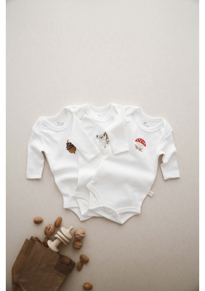 3'lü Nakışlı Çıt Çıtlı Uzun Kollu Body-Zıbın Model 1