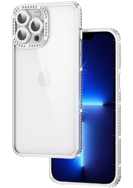 iPhone 13 Pro Kılıf Kamera Korumalı Taşlı Zore Mina Kapak-Gümüş