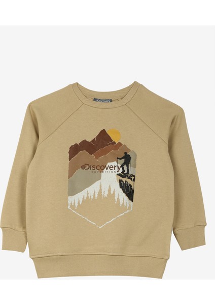 Discovery Expedition Bej Erkek Çocuk Bisiklet Yaka Oversize Baskılı Sweatshirt D3WB-SWT21