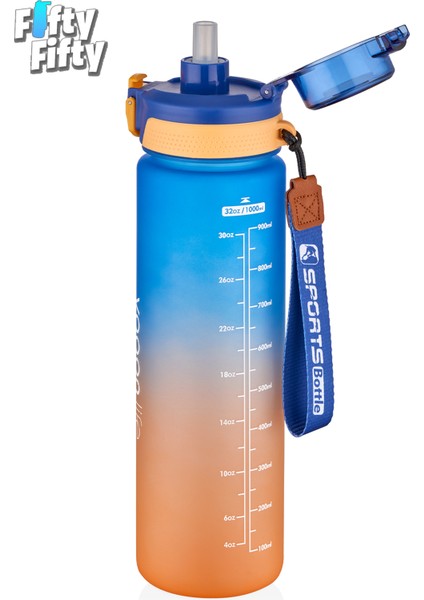 1 lt Çift Renk Motivasyon Su Matarası Çift Kullanım Pipetli ve Rahat Içim