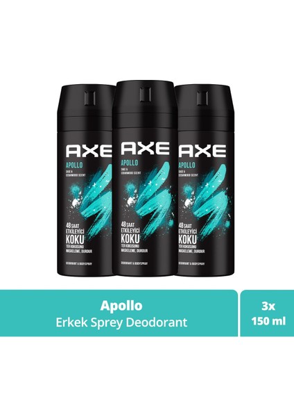 Erkek Sprey Deodorant Apollo 48 Saat Etkileyici Koku 150 ml x3