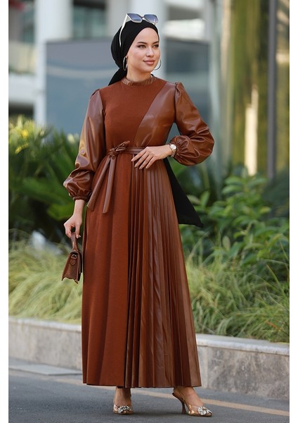 Liyan Kemerli Deri Elbise 590 - Taba