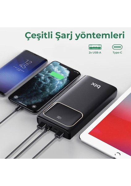 PB303 30000MAH 60W 2*usb ve Type-C Pd Çıkışlı Hızlı Şarj Destekli LED Göstergeli Powerbank Siyah