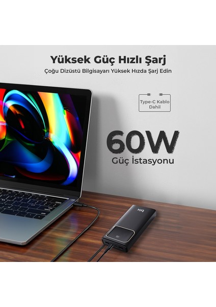 PB303 30000MAH 60W 2*usb ve Type-C Pd Çıkışlı Hızlı Şarj Destekli LED Göstergeli Powerbank Siyah