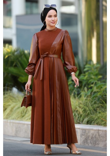 Liyan Kemerli Deri Elbise 590 - Taba