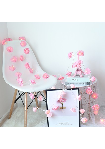 Dekoratif Gül Tasarımlı LED Işık-Yapay Pembe Gül Tasarımlı LED Işık-3 Metre Pilli- 20 Gül - LED Işık fiyatları