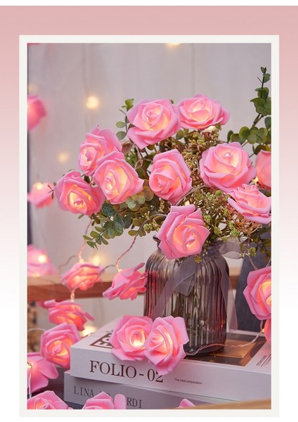 Dekoratif Gül Tasarımlı LED Işık-Yapay Pembe Gül Tasarımlı LED Işık-3 Metre Pilli- 20 Gül - LED Işık modelleri