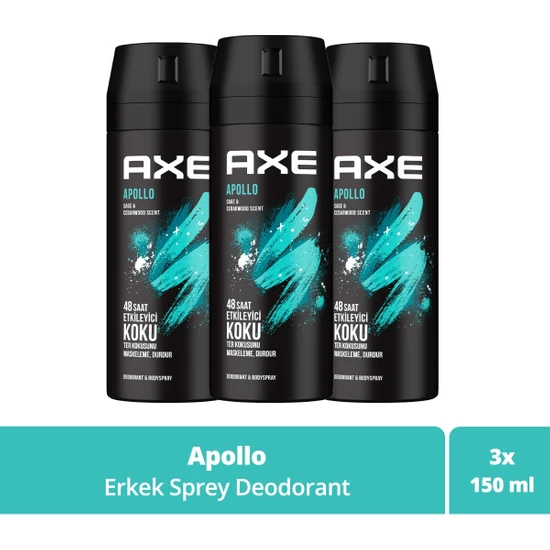 Axe Erkek Sprey Deodorant Apollo 48 Saat Etkileyici Koku 150 ml x 3