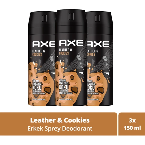 Axe Erkek Sprey Deodorant Leather & Cookies 48 Saat Etkileyeci Koku 150 ml x 3