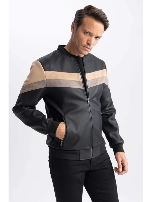 DeFacto Su İtici Slim Fit Kolej Yaka Bomber Ceket Suni Deri Mont U3851AZ23WN