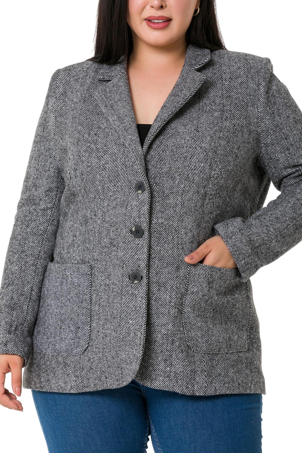 Disentis Modest Büyük Beden Cepli Balıksırtı Blazer Astarlı Ekru Ceket görsel 4