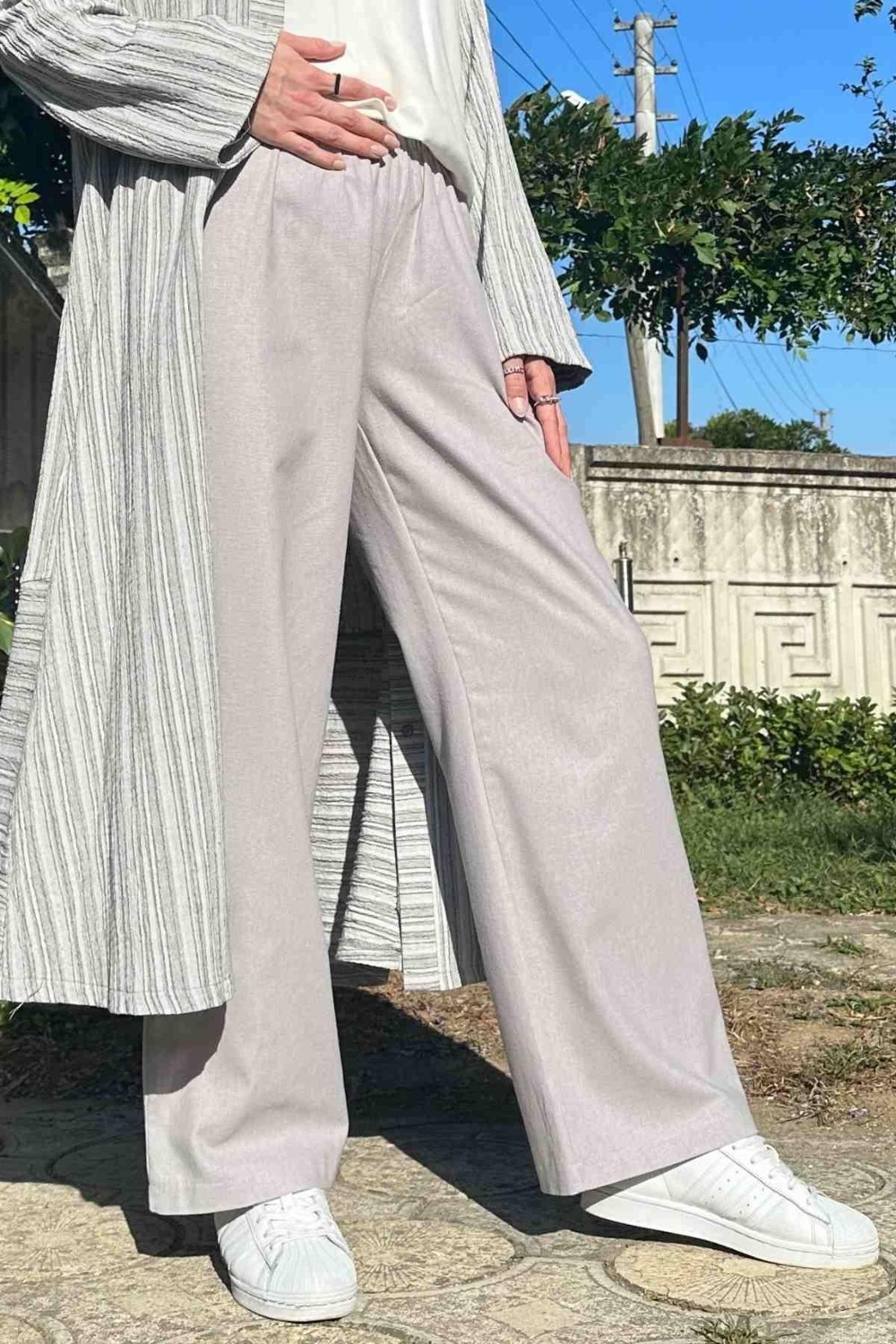 Rabia Şamlı Gri Keten Pantolon