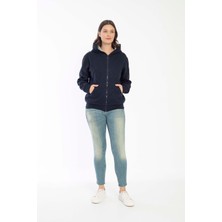 Vishenka Kadın Akrilik Jakar Baklava Desenli Kapüşonlu Lacivert Sweatshirt