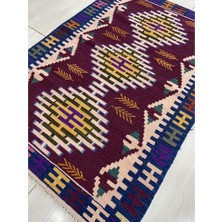 Burak Halı El Dokuma Sıfır Kilim 97X140 Bordo %100 Yün Saçaklı Kilim !