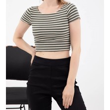 Sisa Moda Yuvarlak Yaka Çizgili Kadın Crop Bluz