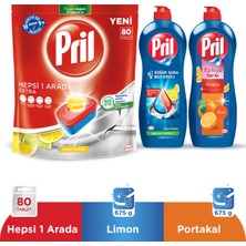 Pril Hepsi Bir Arada Extra Bulaşık Makinesi Deterjanı 80 Tablet + Pril Soğuk Suda Bile Etkili Limon 653ml Sıvı Bulaşık Deterjanı + Pril Adana Portakalı 653ml Sıvı Bulaşık Deterjanı