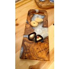 F&S WoodArt Zeytin Ağacı - Beyaz Epoksi Doğal Ahşap Kahve Sofra Sunum Tabağı