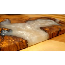 F&S WoodArt Zeytin Ağacı - Beyaz Epoksi Doğal Ahşap Kahve Sofra Sunum Tabağı