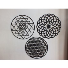 Öykü Dekor Ahşap 3 Parça Duvar Süsü (Yaşam Çiçeği-Torus-Sri Yantra)