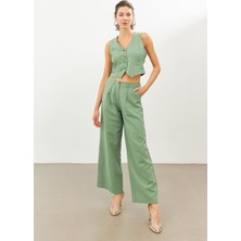 Stella Pulvis Yeşil Keten Yüksek Bel Wide Leg Pantolon