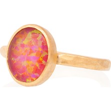 Gümüşcüm Kırmızı Opal Taşlı Altın Kaplama Oval Bayan Gümüş Yüzük