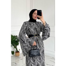 Mya Kadın Zebra Desenli Ispanyol Kollu Kemerli Uzun Tesettür Elbise