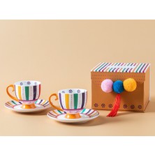 English Home Exotic Strip New Bone China 2'li Kahve Fincan Takımı 100 ml Renkli