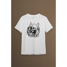 Kendim Seçtim Beyaz Unisex Kedi Kozmonot Meow Astronot Cat Nasa Uzay Baskılı T-Shirt