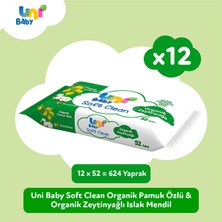 Uni Baby Soft Clean Organik Pamuk Özlü & Organik Zeytinyağlı Islak Mendil 12 x 52 Adet