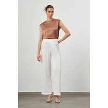 Mizalle Beli Lastikli Saten Ekru Pantolon