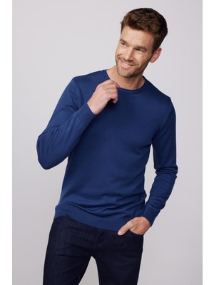 Tudors Erkek Standart Fit Normal Kesim Bisiklet Yaka İndigo Triko Kazak