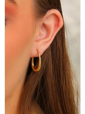 Prenses Pırlanta Altın Küpe 14 Ayar Altın Oval Halka Küpe-2,50 cm