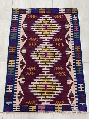 Burak Halı El Dokuma Sıfır Kilim 97X140 Bordo %100 Yün Saçaklı Kilim !