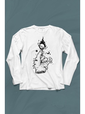 Kendim Seçtim Uzayda El Satürn Halkaları Çizimli Lolipop Hellfire Ateş Uzun Kollu Tişört