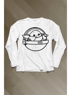 Kendim Seçtim Baby Yoda Star Wars Mandalorian Uzay Mekiği Uzun Kollu Tişört